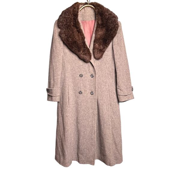 Vintage 70s Size Medium Brown Fur Collar Gray Wool Trench Coat Classic City - Picture 1 of 12